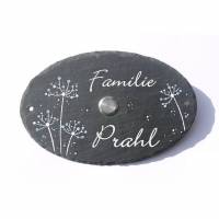 Klingelschild Schiefer, Namensschild Pusteblume Blautöne Oval Familie Wunschname mit Klingeltaster, Familienschild Bild 1