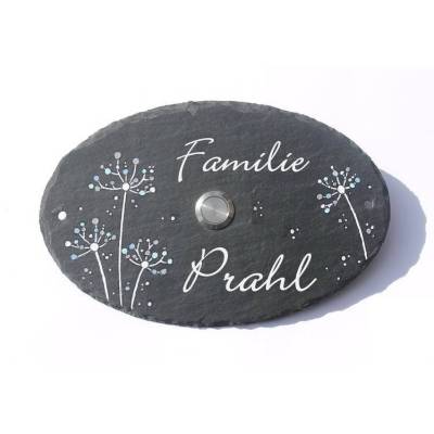 Klingelschild Schiefer, Namensschild Pusteblume Blautöne Oval Familie Wunschname mit Klingeltaster, Familienschild