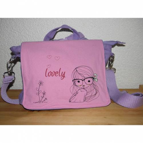 Kindertasche für Mädchen, Kinderrucksack, Umhängetasche, Kindergartentasche, lila und pink, bestickt, Cute Girl