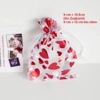 Organzasäckchen, 5-er Set 9x12 cm, Organzabeutel rot mit Herzen, Schmuckverpackung, Schmuckbeutel zum Valetinstag, 5 Organzabeutel, 10 Organzabeutel Bild 1