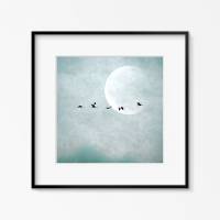 Kraniche vor dem Mond in den Farben Mint und Weiß, texturierte Fotografie, Fine Art Print in 2 Größen Bild 2