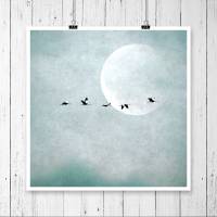 Kraniche vor dem Mond in den Farben Mint und Weiß, texturierte Fotografie, Fine Art Print in 2 Größen Bild 3