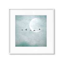 Kraniche vor dem Mond in den Farben Mint und Weiß, texturierte Fotografie, Fine Art Print in 2 Größen Bild 5