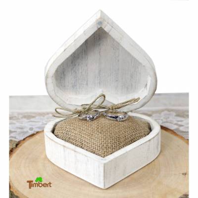 RINGBOX aus HOLZ Vintage Herz Ringkissen Shabby Chic Weiß + GRAVUR Rustikale Hochzeit Ringkästchen für Eheringe Ringschatulle Personalisiert