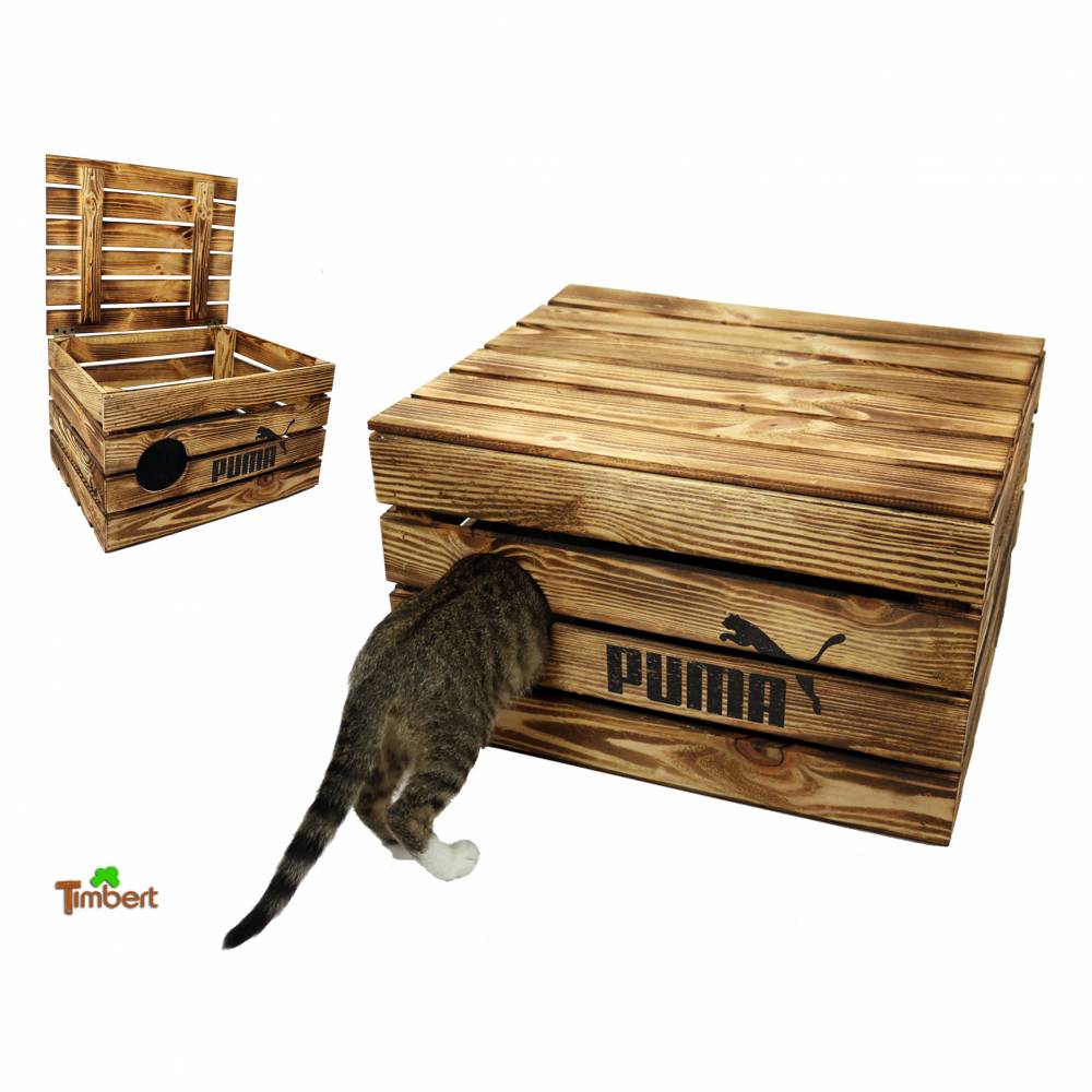 Katzenhöhle in Obstkisten Design Rustikale Katzentruhe aus Holz Katzenkorb mit Deckel für Katzen Katzenbett Holzkiste Bild 1