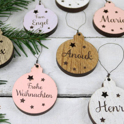 10er SET Vintage WEIHNACHTSKUGELN aus Altholz mit Name PERSONALISIERT Weihnachtsbaum Geschenkanhänger Holz Weihnachten Christbaumkugel Stern