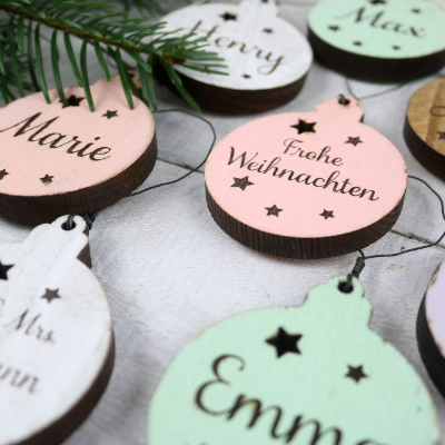 6er SET Vintage WEIHNACHTSKUGELN aus Altholz mit Name PERSONALISIERT Weihnachtsbaum Geschenkanhänger Holz Weihnachten Christbaumkugel Stern