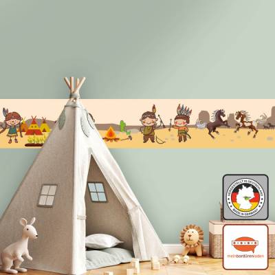 Kinderbordüre: Indianer Kinder -  optional selbstklebend - 15 cm Höhe