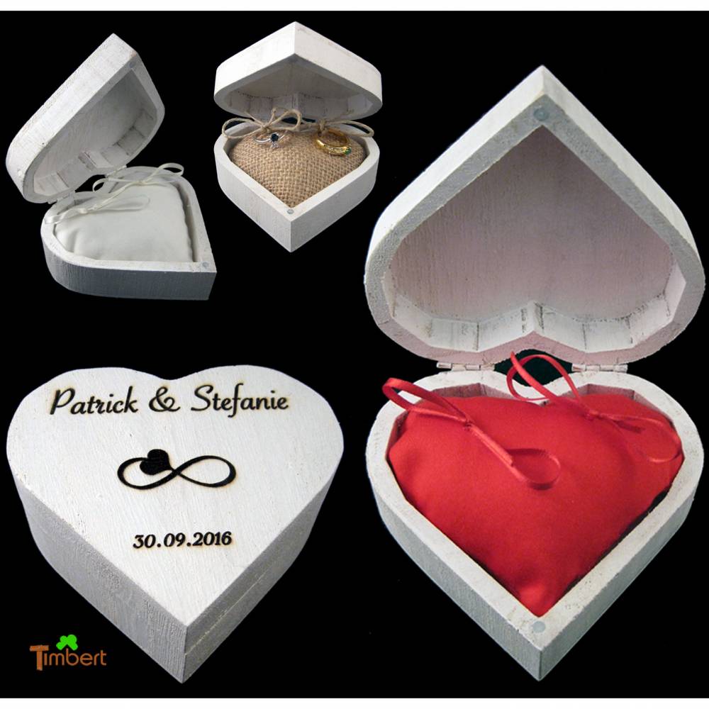 RINGBOX aus HOLZ Herz Ringkissen mit GRAVUR Hochzeit Schatulle Ringkästchen in weiß für Eheringe Holzbox Herzform Graviert Personalisiert Bild 1
