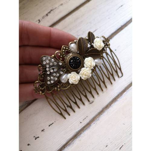 Haarkamm im Vintage-Stil,  Antik-Stil, Rosen, Schmetterling, Strass