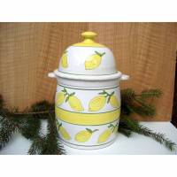 Vintage Dose Keramik XL Bowle Rumtopf mit Deckel Zitronen weiß Vorratsbehälter Töpferware Handarbeit Bild 1