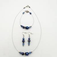 Extravagantes Perlenschmuck - Set (Halskette + Armband + Ohrringe) blau silber Bild 2