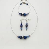 Extravagantes Perlenschmuck - Set (Halskette + Armband + Ohrringe) blau silber Bild 3