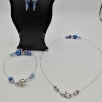Extravagantes Perlenschmuck - Set (Halskette + Armband + Ohrringe) blau silber Bild 5