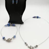Extravagantes Perlenschmuck - Set (Halskette + Armband + Ohrringe) blau silber Bild 6