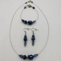 Extravagantes Perlenschmuck - Set (Halskette + Armband + Ohrringe) blau silber Bild 7