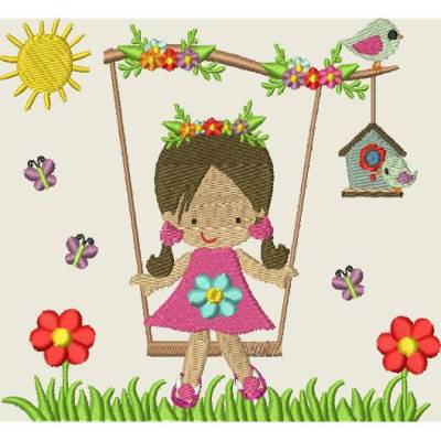 Stickdatei Mädchen / Girl auf Schaukel   kpl. Motiv / Taschenmotiv TM80 Maschinenstickerei