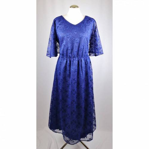 True Vintage 80er Spitzenkleid Midikleid Festlich Weise Festmoden Größe 46 44 Blau Royalblau Spitze Flügelärmel Maxikleid