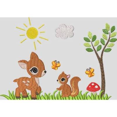 Stickdatei Reh und Eichhörnchen Waldtier   kpl. Motiv / Taschenmotiv TM54 Maschinenstickerei