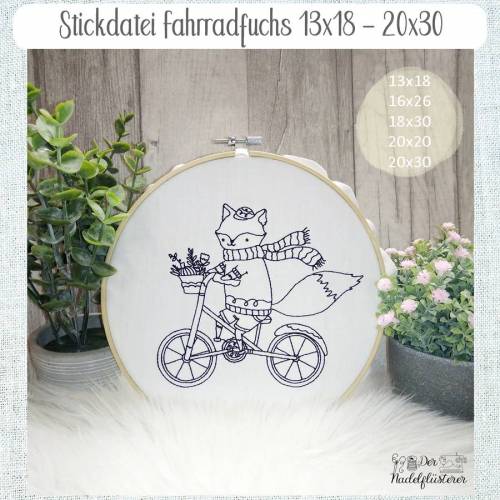 Digitale Stickdatei Fahrradfuchs  13x18 - 20x30 cm (5x7 - 8x12") Stickrahmen