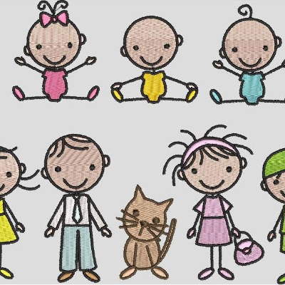 Stickdatei Strichmännchen Familie 2 Mama Papa Baby Junge Mädchen Katze Maschinenstickerei Set 196