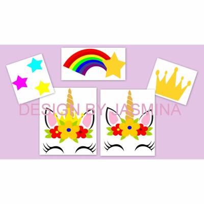 Plotterdatei Einhorn, Blumen, Krone, Sterne SVG