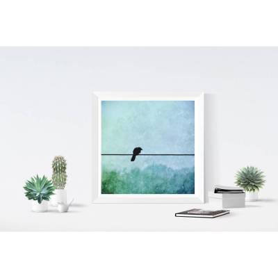 Schwarzer Vogel auf der Stromleitung, Blau und Grün, Wandbild, Kunstdruck, Fotografie, Dekoration im Aquarell-Stil