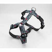 Hundegeschirr mit Blumen Muster in schwarz, grau und rot, Gurtband in dunkelgrau, Brustgeschirr für Hunde Bild 1