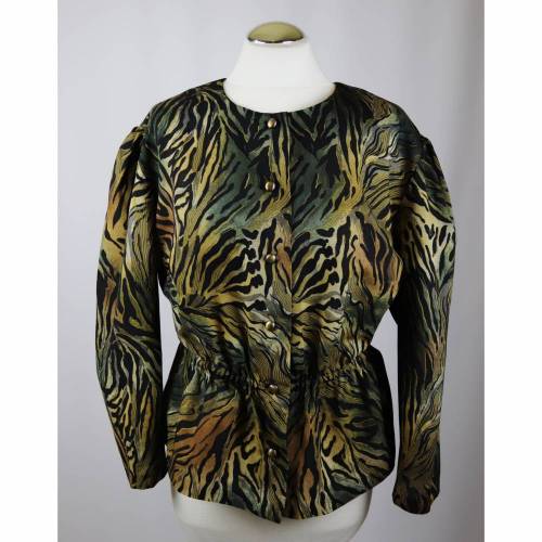 True Vintage 80er Schößchenbluse Bluse Größe L 42 Wild Dschungel Animal Leo Print Grün Schwarz Braun Khaki Cropped Oversize