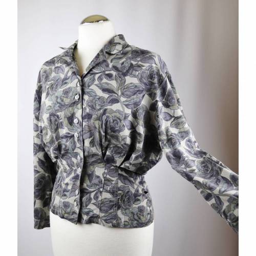 Vintage 80er Jahre Bluse Kurzbluse Cartoon Größe 36 S Blumen Rosen Grau Blau Taille