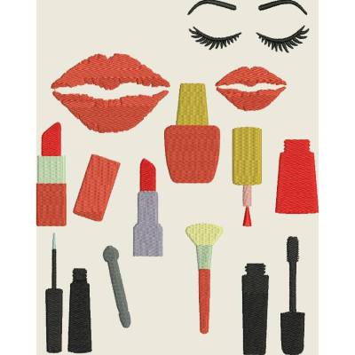 Stickdatei Make Up / Nagellack, Lippenstift, Mascara, Pinsel, Schminke, Wimpern, Mund, Gesicht Maschinenstickerei 573