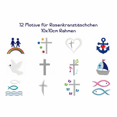 Stickdatei 12 Motive für Rosenkranztäschchen 10x10cm