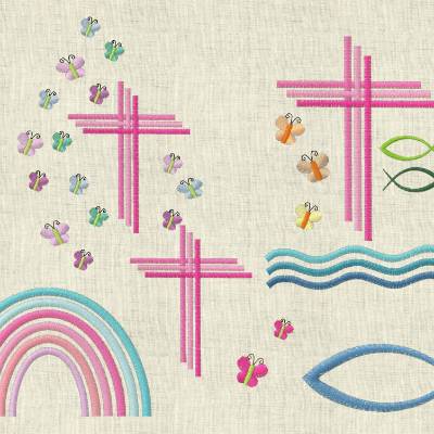 Stickdatei Kirche, Taufe, Gotteslob Kreuz Fisch Set 579/2