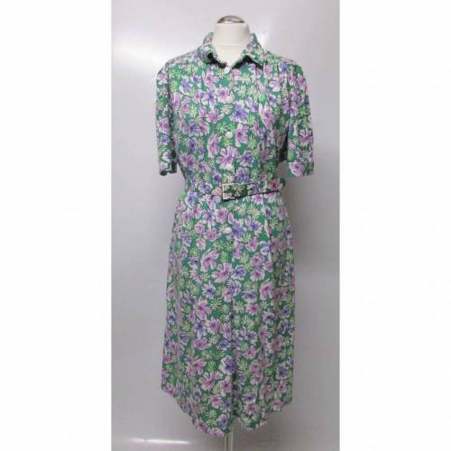 True Vintage Kleid Midikleid Gürtel Schmeinck Größe L 42 44 Kurzarm Jersey Millefleur Grün Lila Weiß Rosa Retro 50er 40er