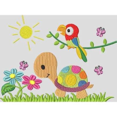 Stickdatei  Dschungel Schildkröte Papagei  Taschenmotiv 13x18cm 5x7"  TM92 Maschinenstickerei