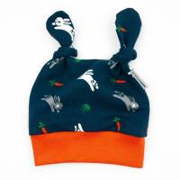 Mütze Knotenmütze Baby Jungen Mädchen "Hasen & Karotten" Geschenk Geburt Ostern Bild 1