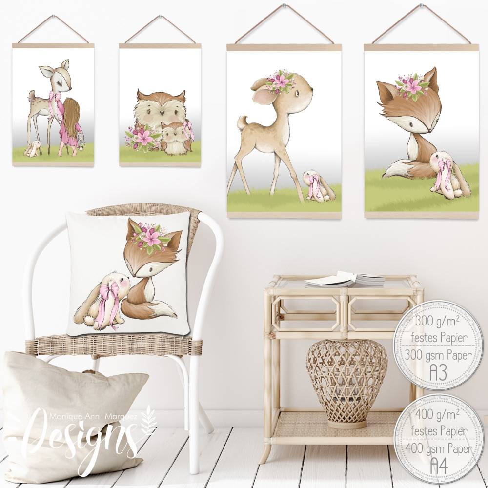 A4 - Babyzimmer Kinderzimmer Bilder Waldtiere Tiere Reh Fuchs