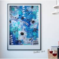 Acrylbild harmonisches Farbspiel Blau mit geometrischen Formen auf Malpapier, ungerahmt, Wandbild, Kunst Bild 1