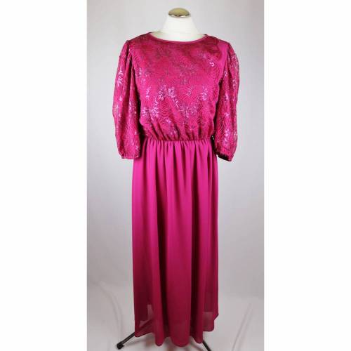 True Vintage 80er Abendkleid Maxikleid Höpfner modell Größe XL 42 44 Fuchsia Pink Spitze Lurex Glitzer Krepp Chiffon Langes Kleid Charlston