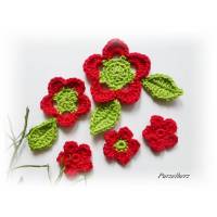 8-teiliges Häkelblumen-Set mit Blättern - Häkelapplikation - Tischdeko - rot,grün Bild 1