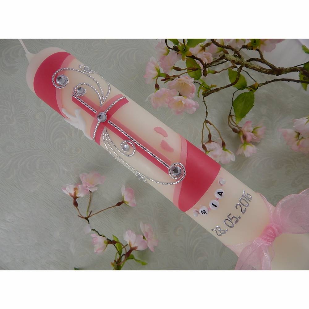 Taufkerze Kommunionkerze Sterne rosa pink Kommunionkerzen für Mädchen 400/40 mm 