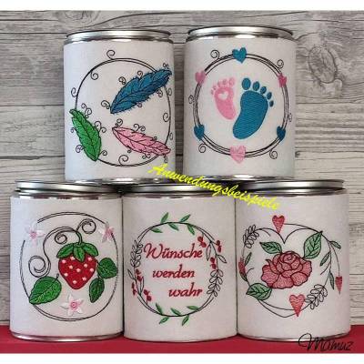 * Federn , Babyfüße, Erdbeere , Wünsche, Rose * ideal für Spardosenhüllen, 5 Stickdateien