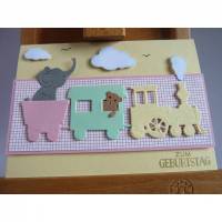 Glückwunschkarte zum Geburtstag, Geburtstagskarte mit Eisenbahn, Elefant und Teddy Bild 1