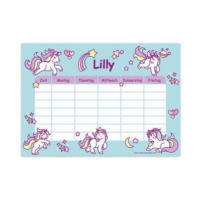 A4 Stundenplan | Regenbogen Einhorn hellblau - personalisierbar, optional wiederbeschreibbar