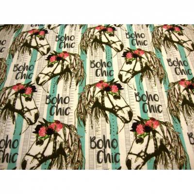 Baumwolljersey Pferdekopf Boho Chic mit Rosen – Premium Stoff für Mädchenkleidung & DIY Projekte