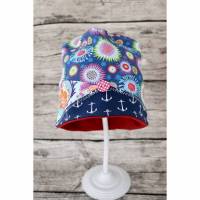 Coole doppellagige Jersey-Mütze „maritim“ im Stoff-Mix in blau, pink für Mädchen   45-46cm Bild 1