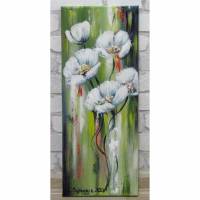 WHITE FLOWERS 20cm x 50cm - abstraktes Acrylgemälde mit weißen Blüten auf Leinwand Bild 1