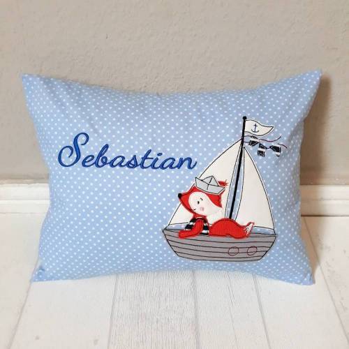Maritimes Namenskissen mit Segelboot und niedlichem Fuchs, Geschenk für Jungen und Mädchen, Küstenkinder, Babygeschenk