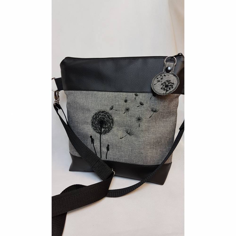 Handtasche Pusteblume Umhängetasche Pusteblume grau schwarz Kunstleder mit Anhänger Tasche Geschenk 