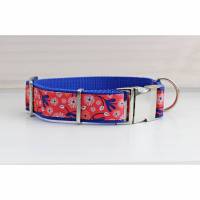 Hundehalsband mit Blumen in orange rot, floral, modern, Gurtband in blau, Halsband Bild 1